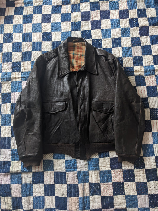 40s Plaid Lined Leather Bomber Jacket