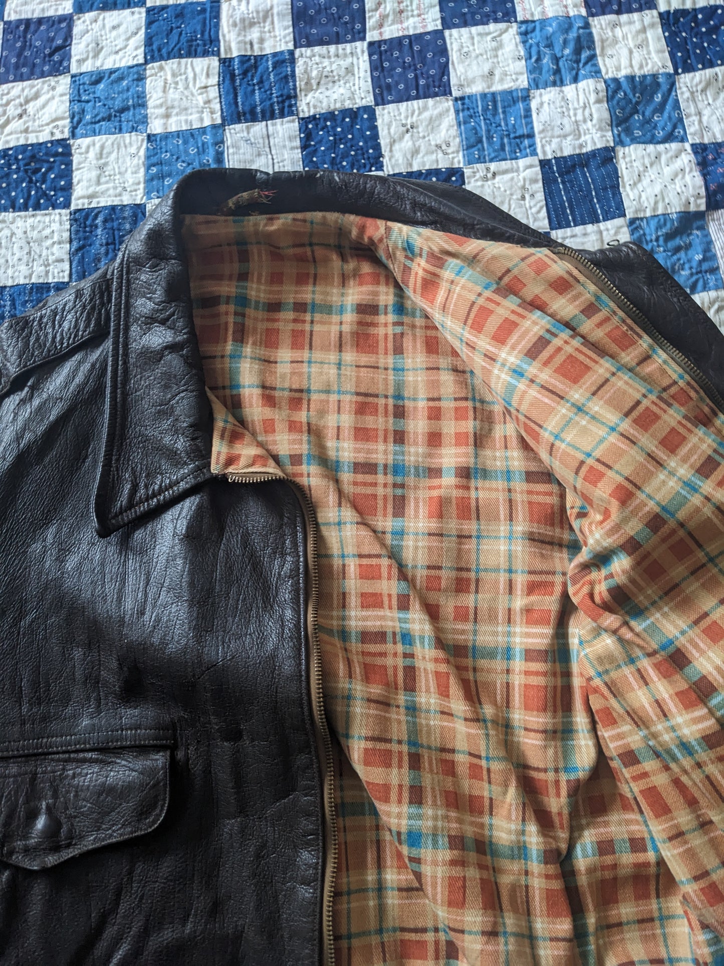 40s Plaid Lined Leather Bomber Jacket