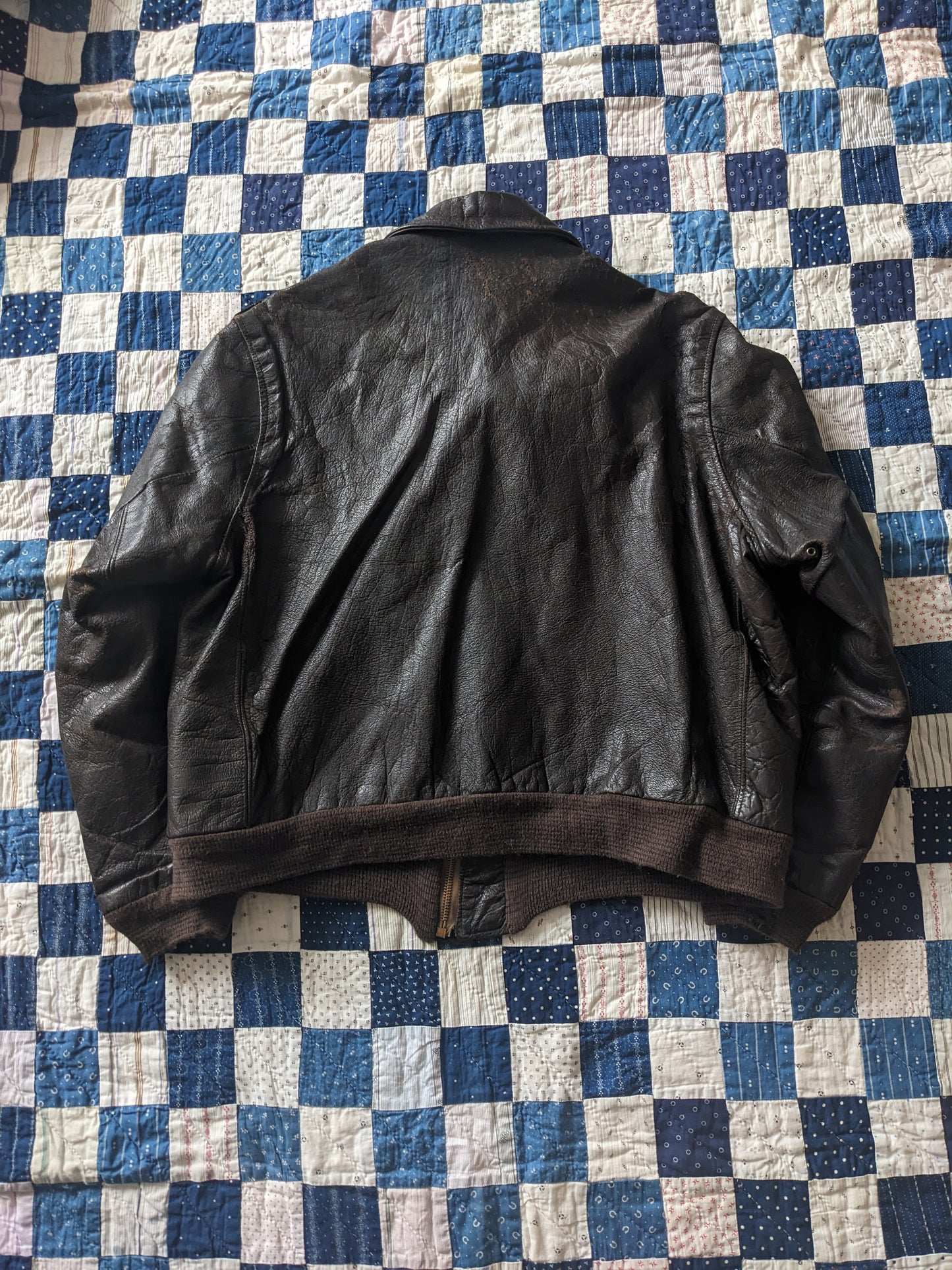 40s Plaid Lined Leather Bomber Jacket